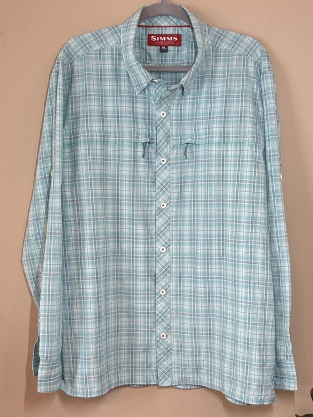 Simms Fishing Products Blue-Green Plaid Long-Sleeve Button-Down Shirt, XL